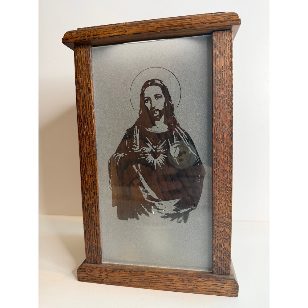 Handcrafted Solid Oak Sacred Heart Jesus Votive Candle Holder Etched Frost Glass